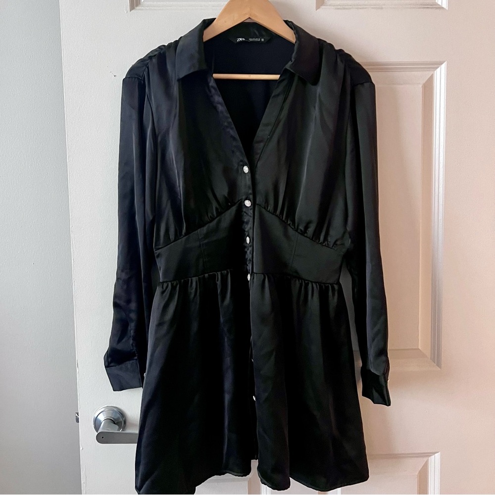 Zara black satin dress with button up detail🖤